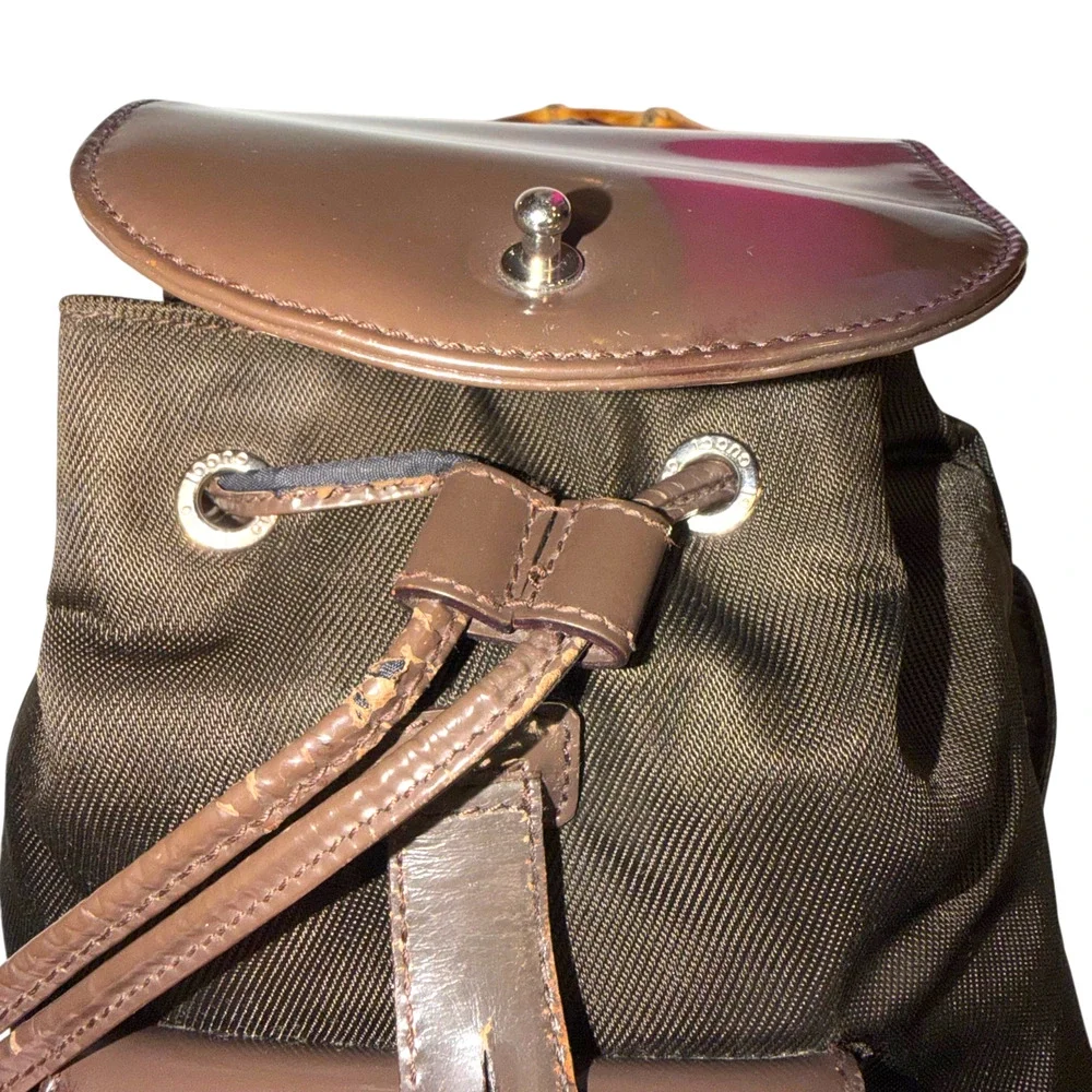 Vintage Gucci Brown Mini Backpack w/ Bamboo Handle Patent Leather + Nylon Auth